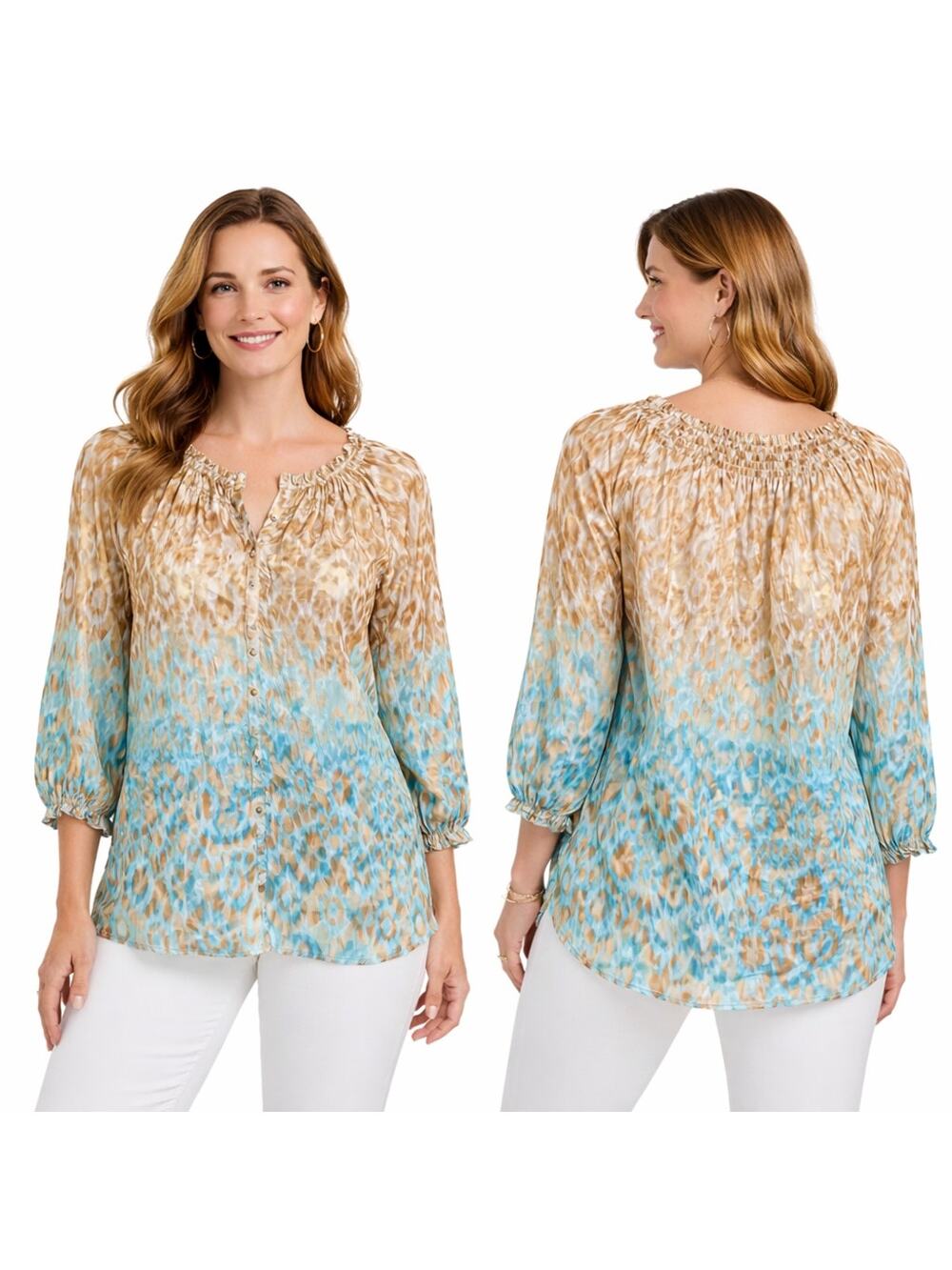 EUC Chico’s Textured Print Peasant Blouse | Blue Tan | Size 1 (M)